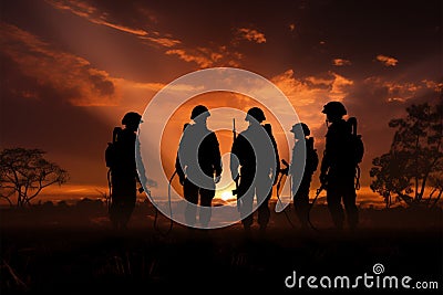 Field silhouette soldiers embrace the sunsets fading radiance Stock Photo