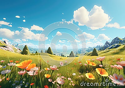 field of spring grassland flowers and perfect blue sky. AI Generative Stock Photo