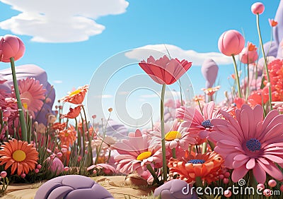 field of spring grassland flowers and perfect blue sky. AI Generative Stock Photo