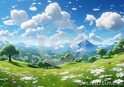 field of spring grassland flowers and perfect blue sky. AI Generative Stock Photo