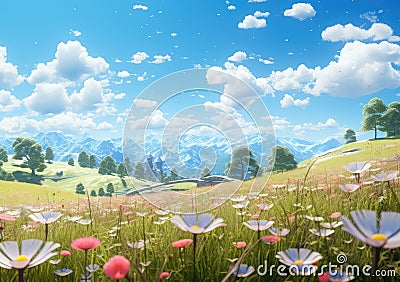 field of spring grassland flowers and perfect blue sky. AI Generative Stock Photo