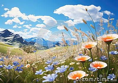 field of spring grassland flowers and perfect blue sky. AI Generative Stock Photo