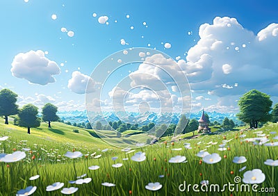 field of spring grassland flowers and perfect blue sky. AI Generative Stock Photo