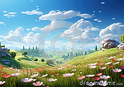 field of spring grassland flowers and perfect blue sky. AI Generative Stock Photo