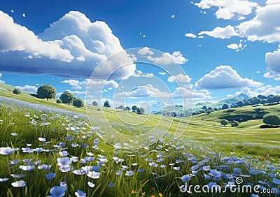 field of spring grassland flowers and perfect blue sky. AI Generative Stock Photo