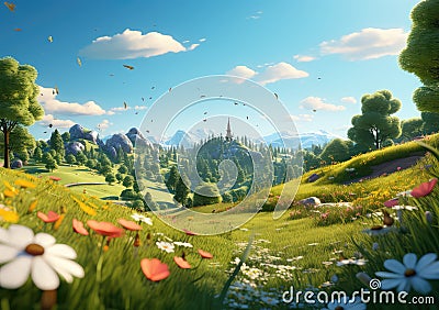 field of spring grassland flowers and perfect blue sky. AI Generative Stock Photo