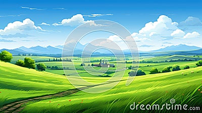 field spring view grass landscape Cartoon Illustration