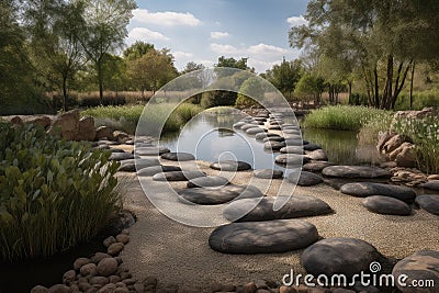 field of stones and pathways leading to serene pond Stock Photo
