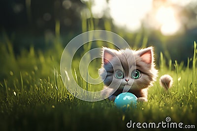 field sunny day cute kitten grass sunshine cat pet 3d character illustration art Cartoon Illustration