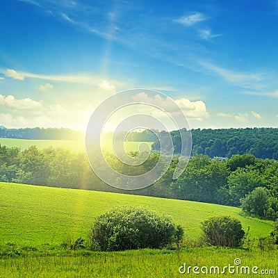 Field, sunrise and blue sky Stock Photo