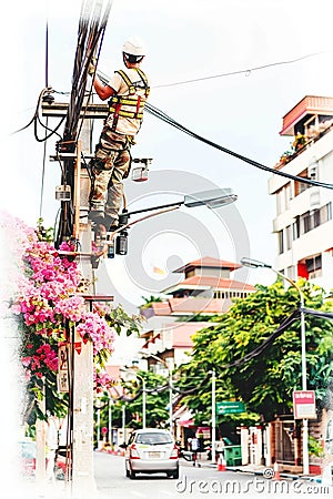 Field technicians installing smart grid components on utility poles, equipped with tools and technology to enhance energy Cartoon Illustration