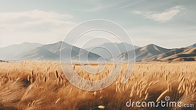 Serene Foothills: A Dreamy Monochromatic Landscape With Brown Grass And Majestic Mountains Stock Photo