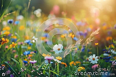 Field of Wildflowers With Sun Shining Stock Photo