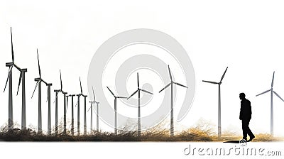 Field of wind turbines double exposure illustration - Generative AI. Cartoon Illustration