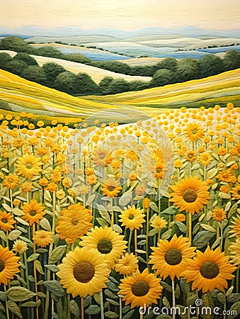 A Field Of Yellow Flowers, needle felting wool Embroidery of top view cute sunflowers Stock Photo