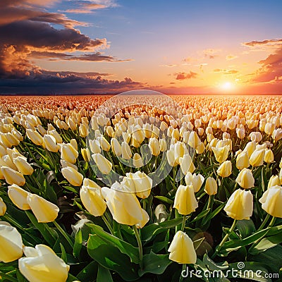 Field of yellow tulips at sunset Stock Photo