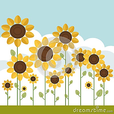 Fields Of Abstract Sunflowers With Blue Sky And Clouds Vector Illustration