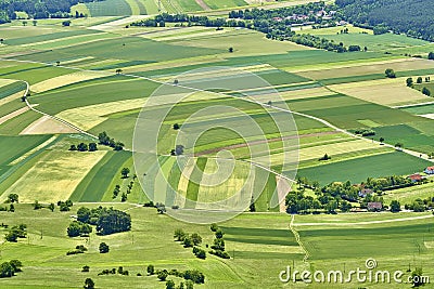 Fields, forest and roads building nice patterns. Hohe Wand, Austria. Stock Photo