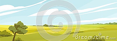 Fields panorama flat vector illustration. Beautiful countryside scenery, picturesque rural landscape, scenic view. Oak Vector Illustration