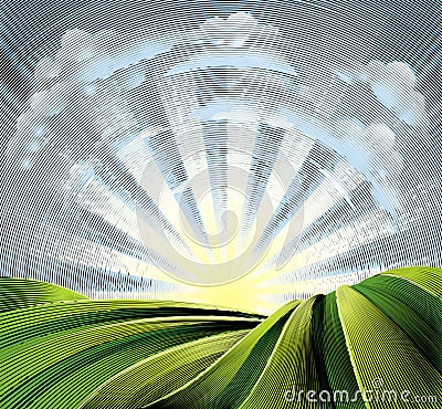 Fields Rolling Hills and Sun Engraved Etching Vector Illustration