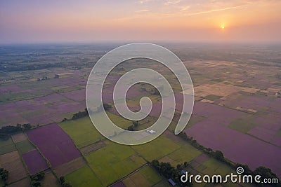 fields seen from above, view from drone. sunny weather in spring or summer day, high drone aerial view. AI generated Stock Photo