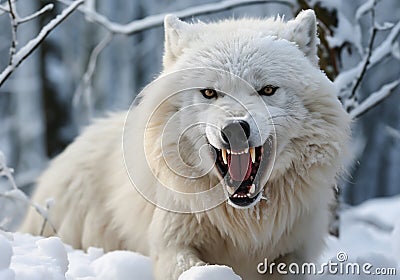 Fierce and angry arctic white wolf in winter landscape with falling snow. AI generated Stock Photo