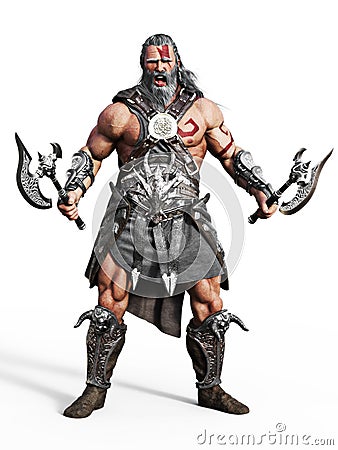 Fierce armored barbarian warrior ready for battle on an isolated white background. Cartoon Illustration