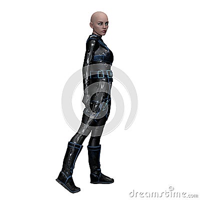 Fierce Bald Scifi Woman Walking with Turquoise Eyes, 3D Illustration, 3D rendering Stock Photo