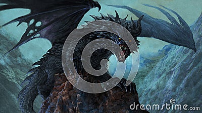 Fierce black dragon spreading his wings - digital illustration Cartoon Illustration