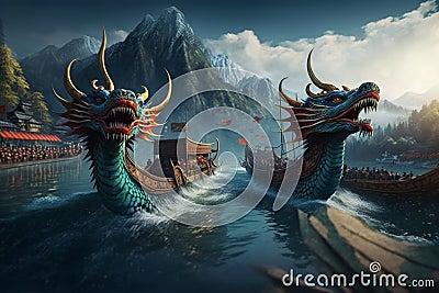 Fierce Chinese Dragon Boats Gliding Across the Lake with Mystical Aura Stock Photo