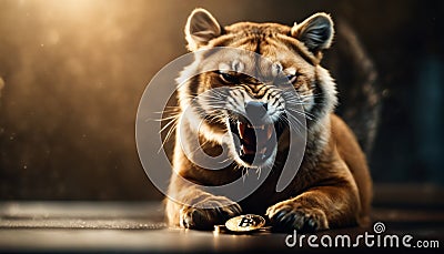 Fierce Digital Tiger Roaring over Bitcoin Stock Photo