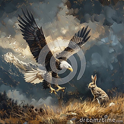 A Fierce Eagle Swoops Down to Capture a Rabbit in Its Sharp Talons Stock Photo