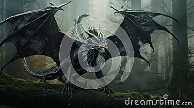 Fierce fantasy black winged dragon. Fierce fantasy black dragon digital illustration Generative AI Cartoon Illustration