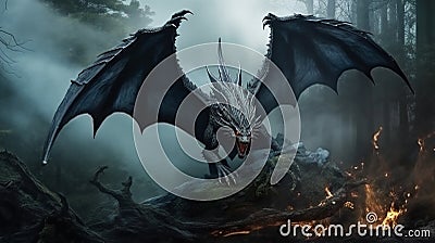 Fierce fantasy black winged dragon. Fierce fantasy black dragon digital illustration Generative AI Cartoon Illustration