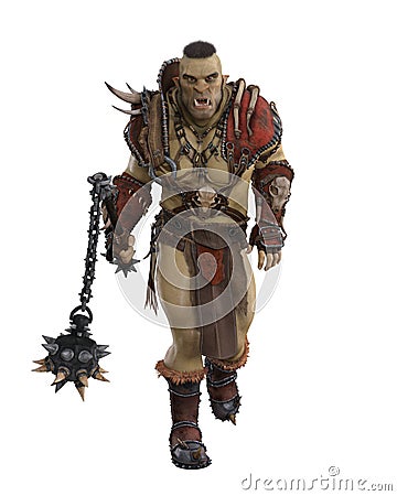 Fierce fantasy Orc brute with green skin and tattoo, wearing barbarian armour walking into battle with a deadly mace weapon. 3D Cartoon Illustration