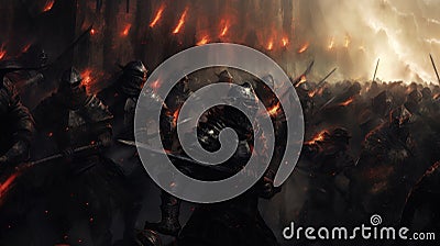 Fierce fighting group of male knights, battle for castle. Storming city, smoke and fire, battlefield. Portrait of knights with Stock Photo