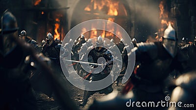 Fierce fighting group of male knights, battle for castle. Storming city, smoke and fire, battlefield. Portrait of knights with Stock Photo