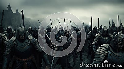 Fierce fighting group of male knights, battle for castle. Storming city, smoke and fire, battlefield. Portrait of knights with Stock Photo