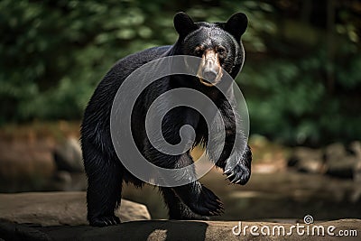 A fierce and intimidating Black Bear standing on its hind legs, showing off its fierce and intimidating nature. Generative AI Stock Photo