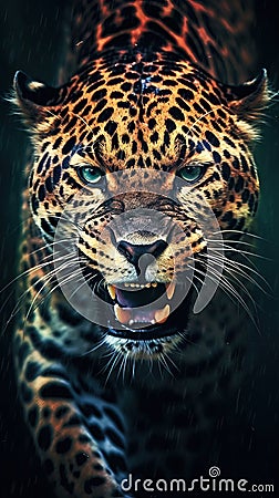 Fierce Jaguar in Dark Grungeon Background. Generative AI Cartoon Illustration