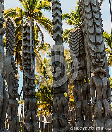 Fierce Looking Kii Guard the Sacred Hale o Keawe Heiau Editorial Stock Photo