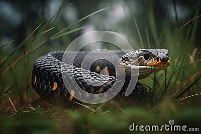 A fierce and powerful King Cobra slithering through the grass, showing off its fierce and powerful nature. Generative AI Stock Photo