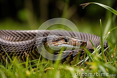 A fierce and powerful King Cobra slithering through the grass, showing off its fierce and powerful nature. Generative AI Stock Photo