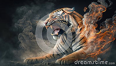 The Fierce Predator: An Angry Tiger with Fire and Smoke, Apex Predator, Generative AI Stock Photo