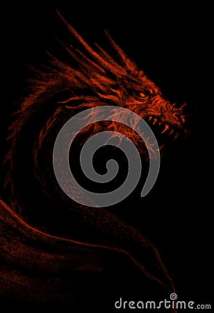 A fierce red dragon head in the darkness Cartoon Illustration