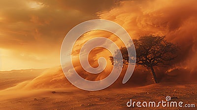 Fierce sandstorm blankets landscape, with a solitary tree enduring in a sea of orange-brown Stock Photo