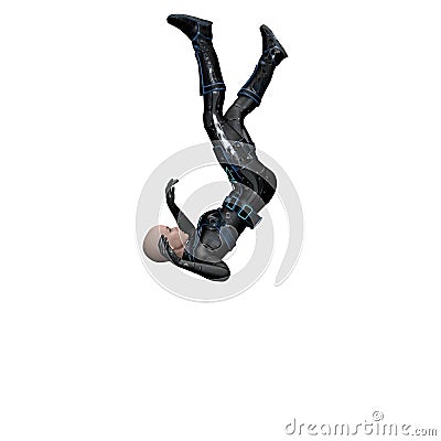 Fierce Bald Scifi Woman Falling, 3D Illustration, 3D rendering Stock Photo