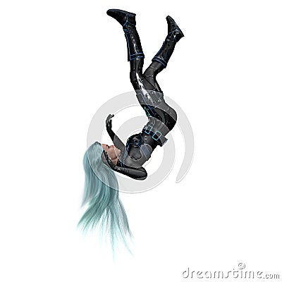 Fierce Scifi Woman Falling, 3D Illustration, 3D rendering Stock Photo