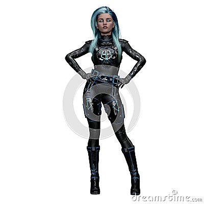 Fierce Scifi Woman with Turquoise Eyes, 3D Illustration, 3D rendering Stock Photo