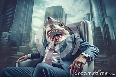 Fierce shark businessman wearing suit sitting in leather armchair in its luxury office in city business center. Generative AI Stock Photo